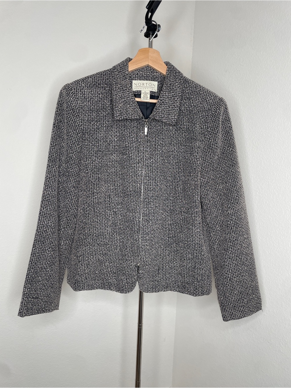 Norton McNaughton Black White Tweed Zip Gray Jacket Formal Office Business Vtg